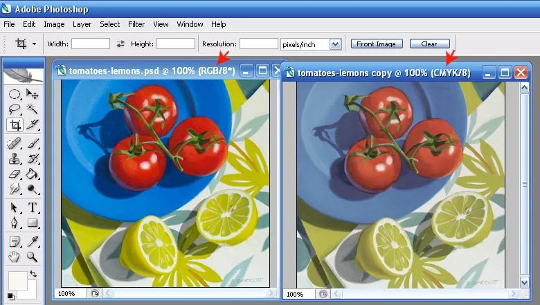 Скриншот Adobe Photoshop со сравнением натюрморта в цветовых моделях RGB и CMYK