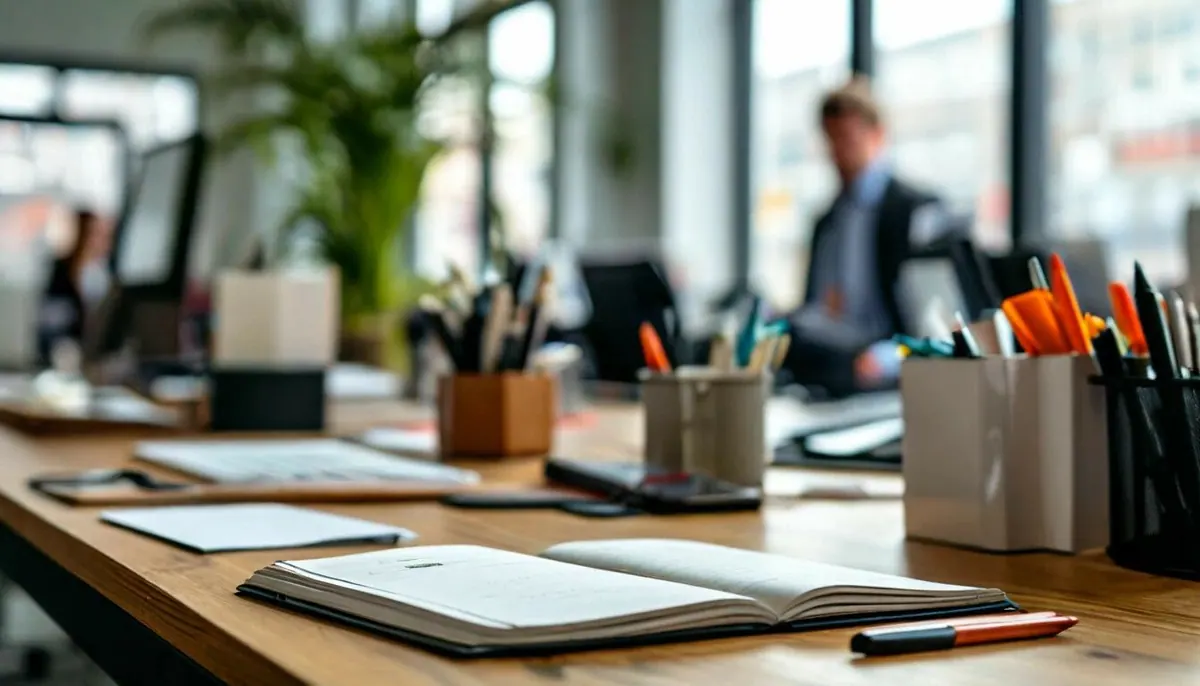 Раскрытый ежедневник и ручка на деревянном рабочем столе в офисе