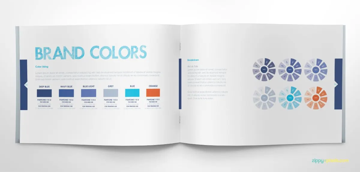 Разворот брендбука со страницей Brand Colors с образцами фирменных цветов и палитрами