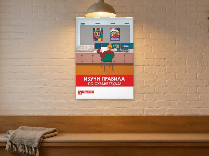 Иллюстрации рабочих сцен на производстве с текстом-призывом на красном фоне внизу