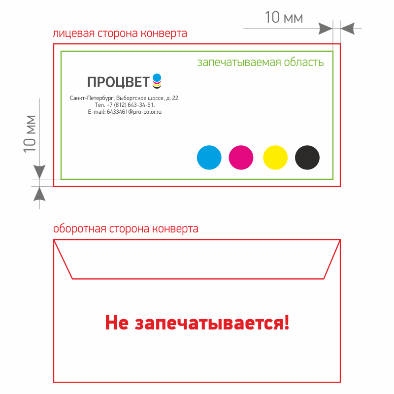 Область печати на конверте без окна