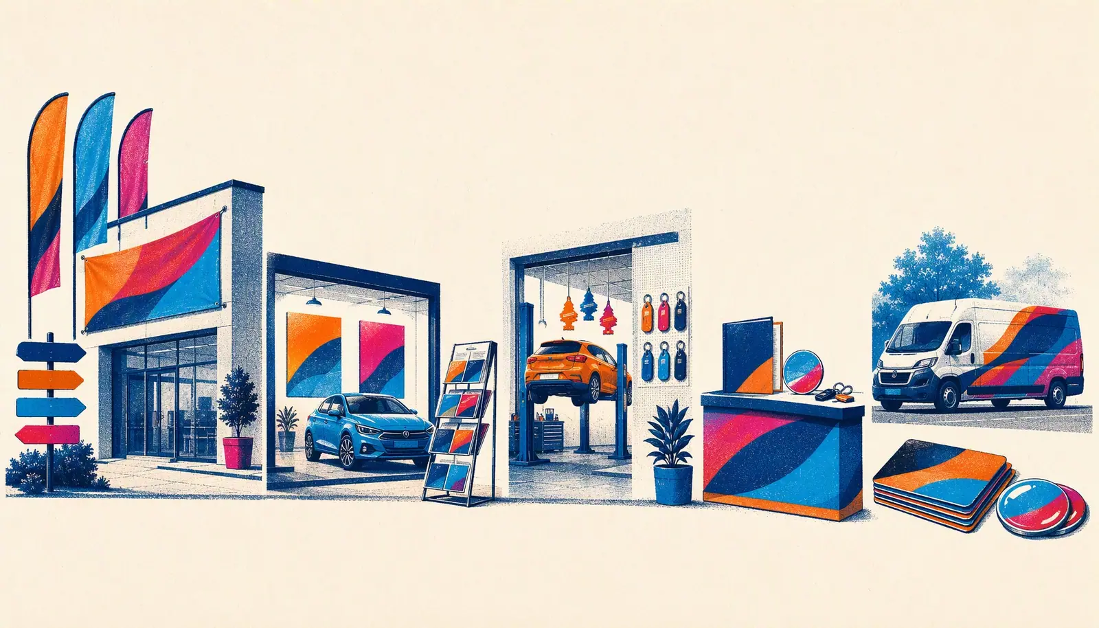 Иллюстрация: путь клиента автобизнеса — фасад, шоурум, приёмка, выдача, оклейка авто, клубные карты