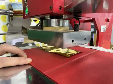 Тиснение золотой фольгой на обложке диплома в цехе