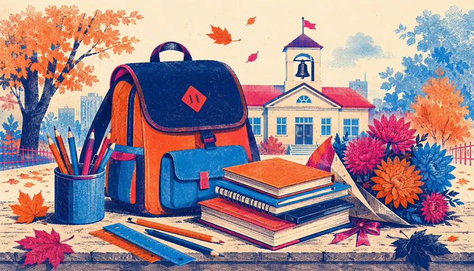 Иллюстрация: рюкзак, тетради, книги и букет астр у школы